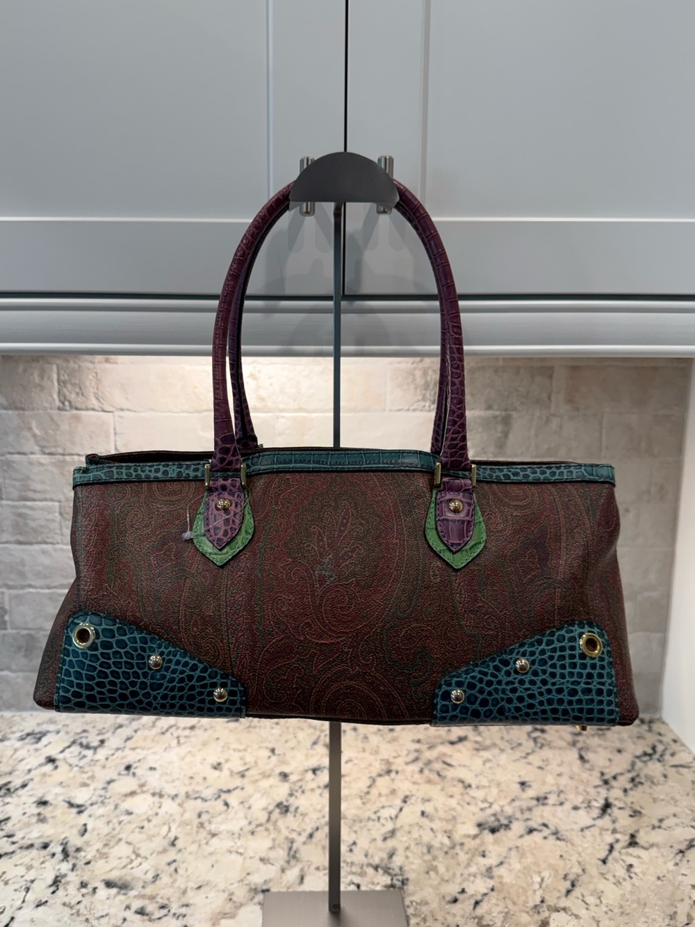 Etro EUC Rare Vintage Multicolor Paisley Leather Shoulder Bag w/Teal & Purple